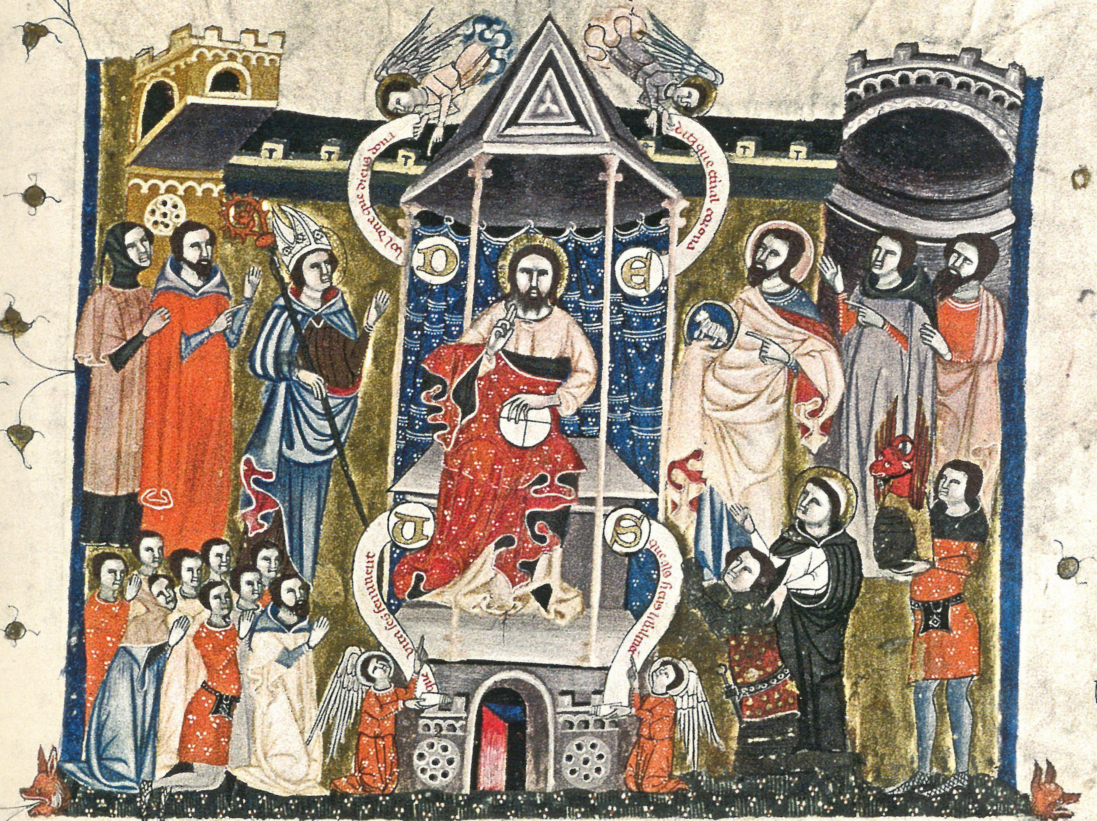 Fébus et un écuyer (en bas à droite) portent devant le trône de Dieu le haume au cimier du comte de Foix, Extrait du ms. 1029 de la Bibliothèque Sainte-Geneviève de Paris, feuillet 1