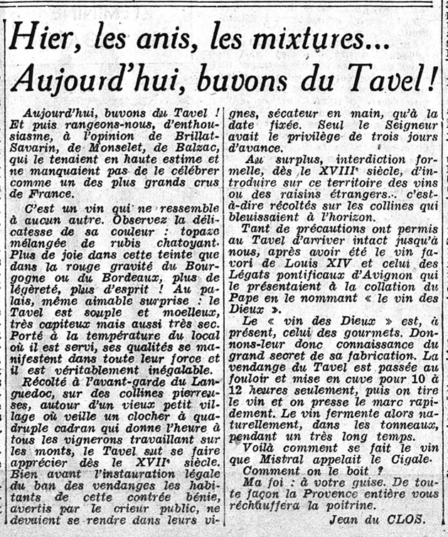 « Hier, les anis, les mixtures... Aujourd'hui, buvons du Tavel ! », article de jean du Clos dans Le Figaro, 22 octobre 1940 (source gallica.bnf.fr)