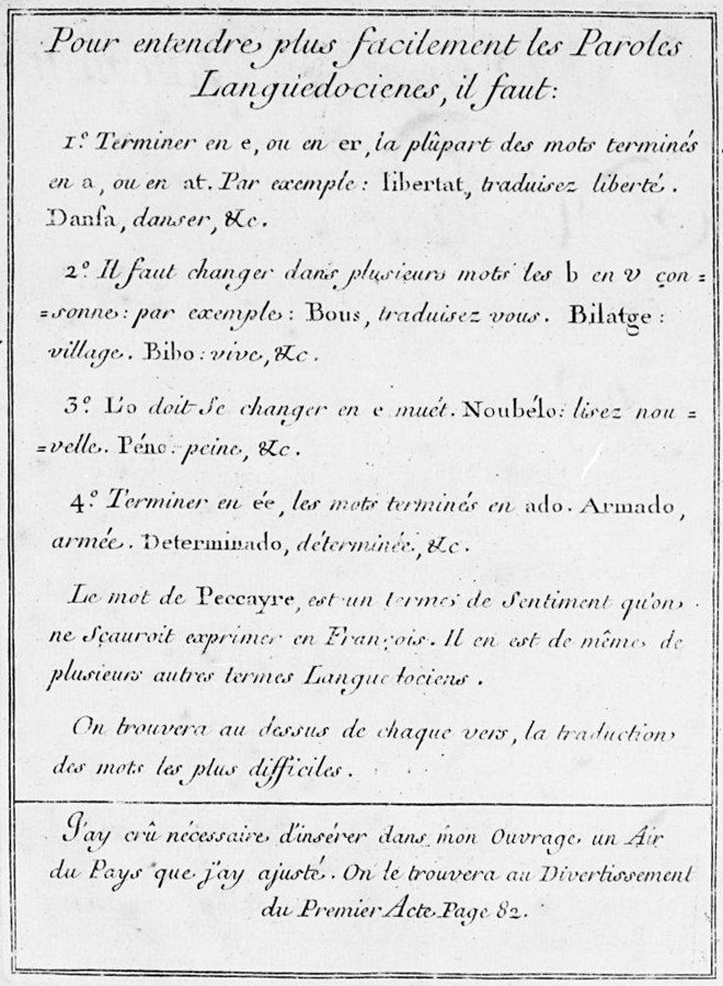 Reproduction du livret original de l'opéra avec en introduction une table pour aider à la compréhension de la langue occitane
